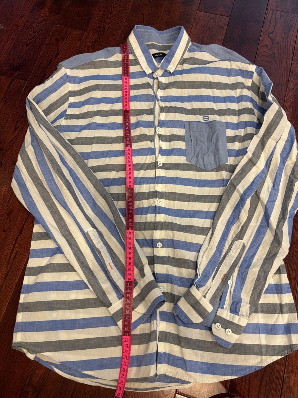 Striped Casual Button-Down Shirt in Blue, Gray & White